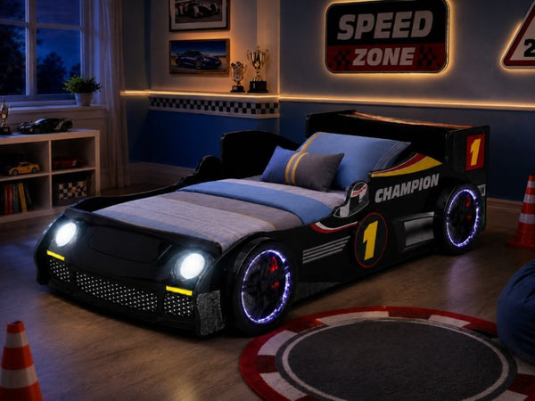 English Elm Kids Formula Racing Bed with LED Wheel Lights and Carbon Fiber Accents Twin Frame Black W2237S00024