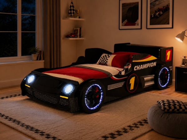 English Elm Kids Formula Racing Bed with LED Wheel Lights and Carbon Fiber Accents Twin Frame Black W2237S00024