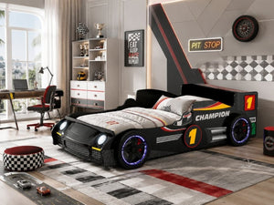 English Elm Kids Formula Racing Bed with LED Wheel Lights and Carbon Fiber Accents Twin Frame Black W2237S00024