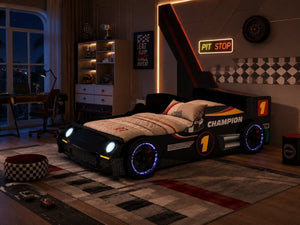 English Elm Kids Formula Racing Bed with LED Wheel Lights and Carbon Fiber Accents Twin Frame Black W2237S00024