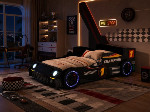 English Elm Kids Formula Racing Bed with LED Wheel Lights and Carbon Fiber Accents Twin Frame Black W2237S00024
