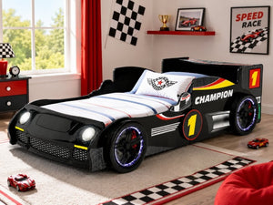 English Elm Kids Formula Racing Bed with LED Wheel Lights and Carbon Fiber Accents Twin Frame Black W2237S00024