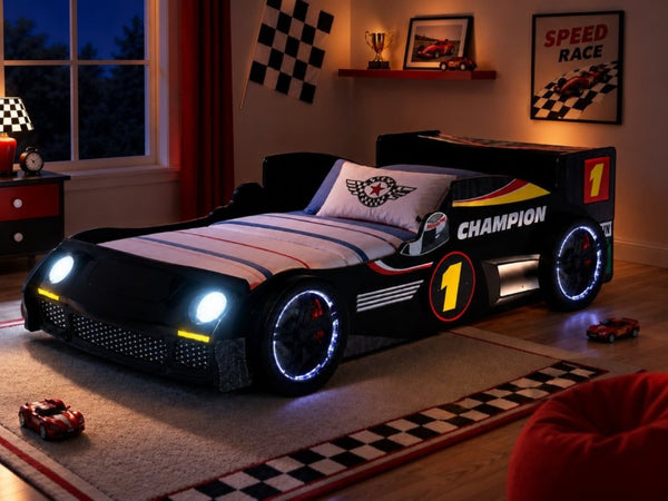 English Elm Kids Formula Racing Bed with LED Wheel Lights and Carbon Fiber Accents Twin Frame Black W2237S00024