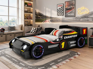 English Elm Kids Formula Racing Bed with LED Wheel Lights and Carbon Fiber Accents Twin Frame Black W2237S00024