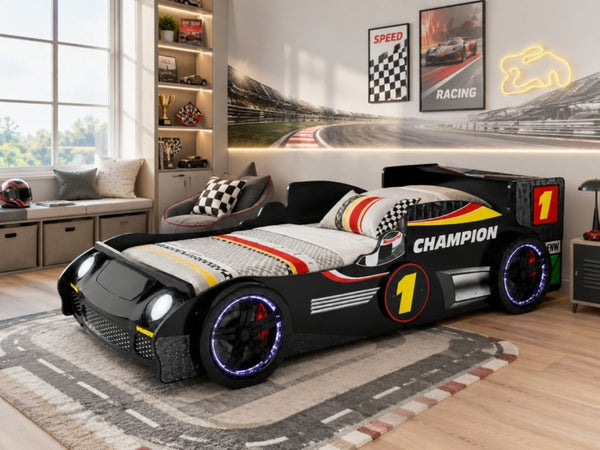 English Elm Kids Formula Racing Bed with LED Wheel Lights and Carbon Fiber Accents Twin Frame Black W2237S00024