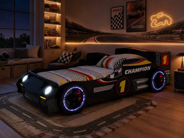English Elm Kids Formula Racing Bed with LED Wheel Lights and Carbon Fiber Accents Twin Frame Black W2237S00024