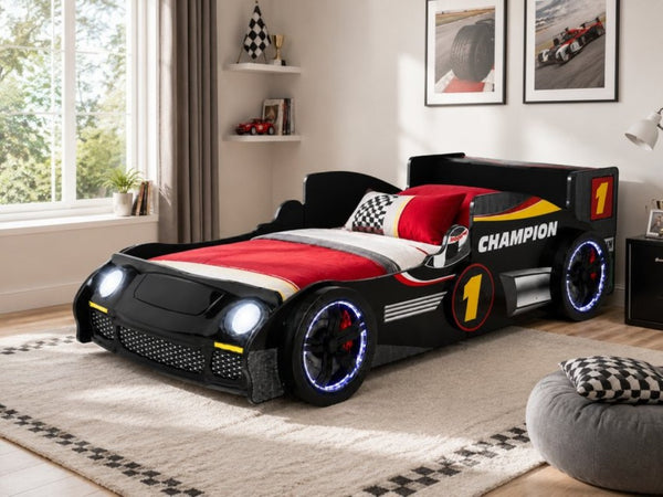 English Elm Kids Formula Racing Bed with LED Wheel Lights and Carbon Fiber Accents Twin Frame Black W2237S00024