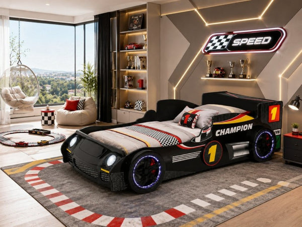 English Elm Kids Formula Racing Bed with LED Wheel Lights and Carbon Fiber Accents Twin Frame Black W2237S00024