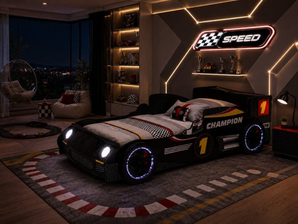 English Elm Kids Formula Racing Bed with LED Wheel Lights and Carbon Fiber Accents Twin Frame Black W2237S00024