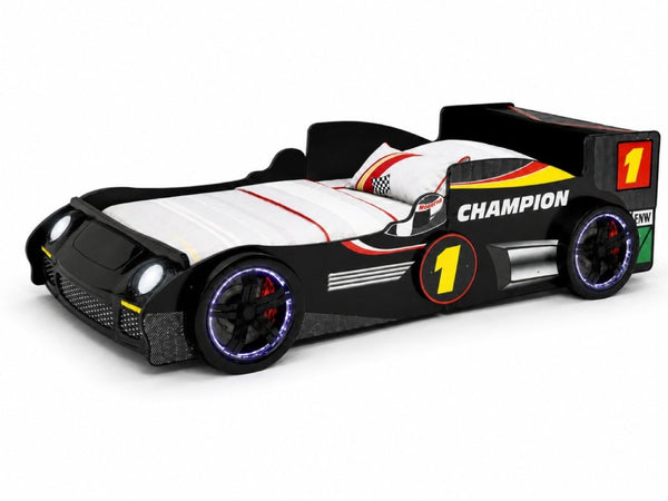 English Elm Kids Formula Racing Bed with LED Wheel Lights and Carbon Fiber Accents Twin Frame Black W2237S00024