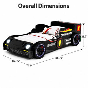 English Elm Kids Formula Racing Bed with LED Wheel Lights and Carbon Fiber Accents Twin Frame Black W2237S00024