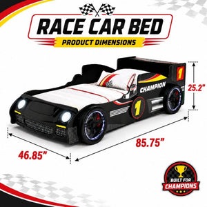 English Elm Kids Formula Racing Bed with LED Wheel Lights and Carbon Fiber Accents Twin Frame Black W2237S00024