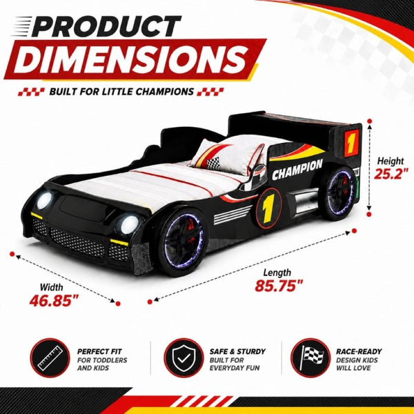 English Elm Kids Formula Racing Bed with LED Wheel Lights and Carbon Fiber Accents Twin Frame Black W2237S00024