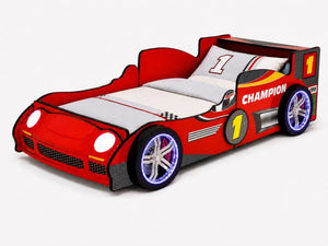 English Elm Kids Formula Racing Bed with LED Wheel Lights and Carbon Fiber Accents Twin Frame Red W2237S00025