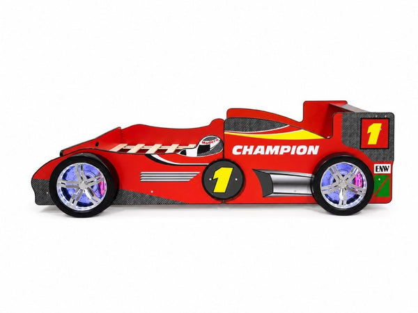 English Elm Kids Formula Racing Bed with LED Wheel Lights and Carbon Fiber Accents Twin Frame Red W2237S00025