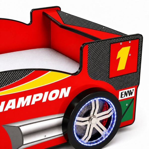 English Elm Kids Formula Racing Bed with LED Wheel Lights and Carbon Fiber Accents Twin Frame Red W2237S00025
