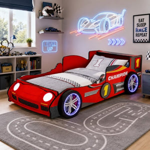 English Elm Kids Formula Racing Bed with LED Wheel Lights and Carbon Fiber Accents Twin Frame Red W2237S00025