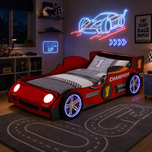 English Elm Kids Formula Racing Bed with LED Wheel Lights and Carbon Fiber Accents Twin Frame Red W2237S00025