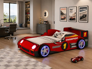English Elm Kids Formula Racing Bed with LED Wheel Lights and Carbon Fiber Accents Twin Frame Red W2237S00025
