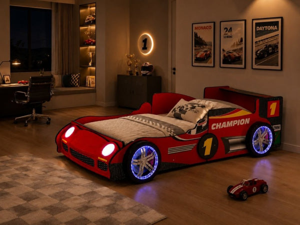 English Elm Kids Formula Racing Bed with LED Wheel Lights and Carbon Fiber Accents Twin Frame Red W2237S00025