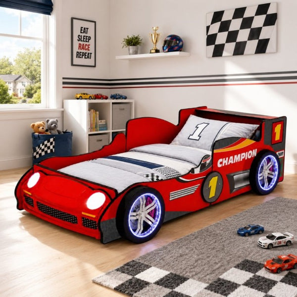 English Elm Kids Formula Racing Bed with LED Wheel Lights and Carbon Fiber Accents Twin Frame Red W2237S00025