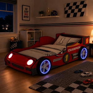English Elm Kids Formula Racing Bed with LED Wheel Lights and Carbon Fiber Accents Twin Frame Red W2237S00025