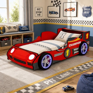English Elm Kids Formula Racing Bed with LED Wheel Lights and Carbon Fiber Accents Twin Frame Red W2237S00025