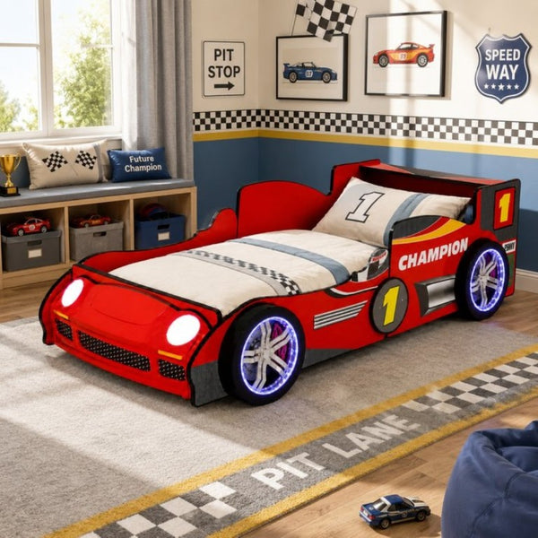 English Elm Kids Formula Racing Bed with LED Wheel Lights and Carbon Fiber Accents Twin Frame Red W2237S00025