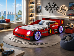 English Elm Kids Formula Racing Bed with LED Wheel Lights and Carbon Fiber Accents Twin Frame Red W2237S00025
