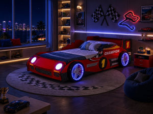 English Elm Kids Formula Racing Bed with LED Wheel Lights and Carbon Fiber Accents Twin Frame Red W2237S00025