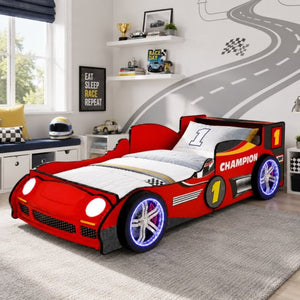 English Elm Kids Formula Racing Bed with LED Wheel Lights and Carbon Fiber Accents Twin Frame Red W2237S00025