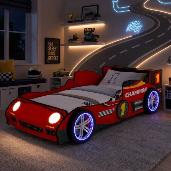 English Elm Kids Formula Racing Bed with LED Wheel Lights and Carbon Fiber Accents Twin Frame Red W2237S00025