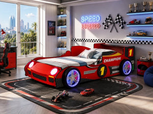English Elm Kids Formula Racing Bed with LED Wheel Lights and Carbon Fiber Accents Twin Frame Red W2237S00025