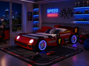 English Elm Kids Formula Racing Bed with LED Wheel Lights and Carbon Fiber Accents Twin Frame Red W2237S00025