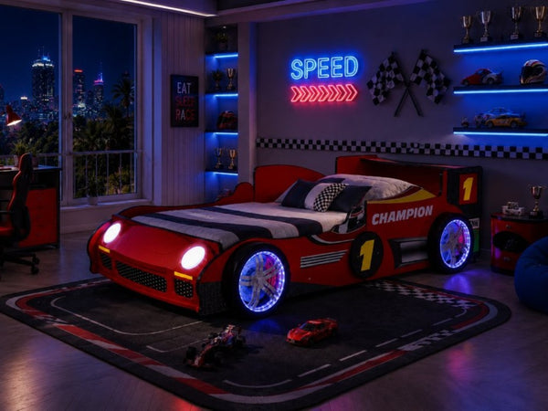 English Elm Kids Formula Racing Bed with LED Wheel Lights and Carbon Fiber Accents Twin Frame Red W2237S00025
