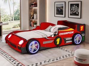 English Elm Kids Formula Racing Bed with LED Wheel Lights and Carbon Fiber Accents Twin Frame Red W2237S00025