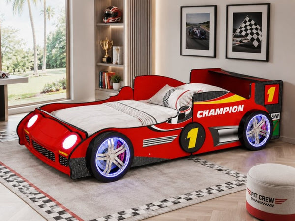 English Elm Kids Formula Racing Bed with LED Wheel Lights and Carbon Fiber Accents Twin Frame Red W2237S00025