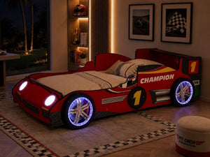 English Elm Kids Formula Racing Bed with LED Wheel Lights and Carbon Fiber Accents Twin Frame Red W2237S00025