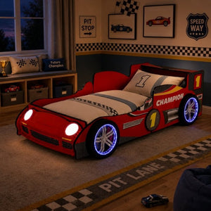 English Elm Kids Formula Racing Bed with LED Wheel Lights and Carbon Fiber Accents Twin Frame Red W2237S00025