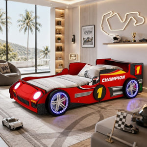 English Elm Kids Formula Racing Bed with LED Wheel Lights and Carbon Fiber Accents Twin Frame Red W2237S00025