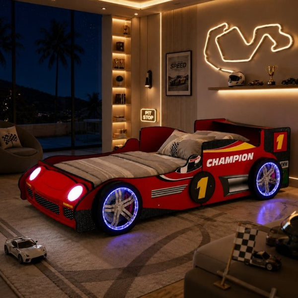 English Elm Kids Formula Racing Bed with LED Wheel Lights and Carbon Fiber Accents Twin Frame Red W2237S00025