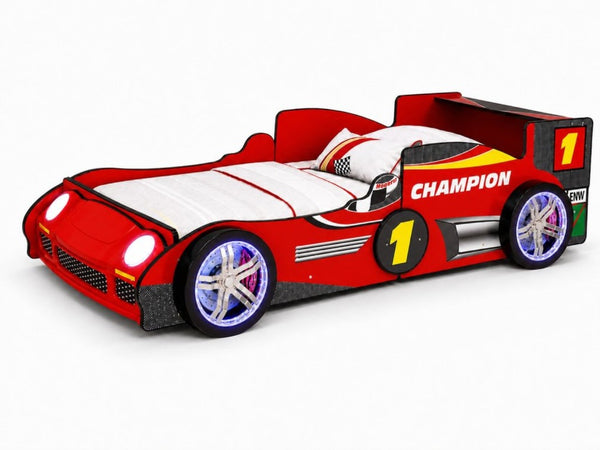 English Elm Kids Formula Racing Bed with LED Wheel Lights and Carbon Fiber Accents Twin Frame Red W2237S00025