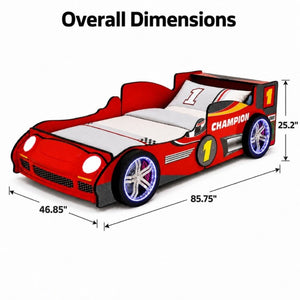 English Elm Kids Formula Racing Bed with LED Wheel Lights and Carbon Fiber Accents Twin Frame Red W2237S00025