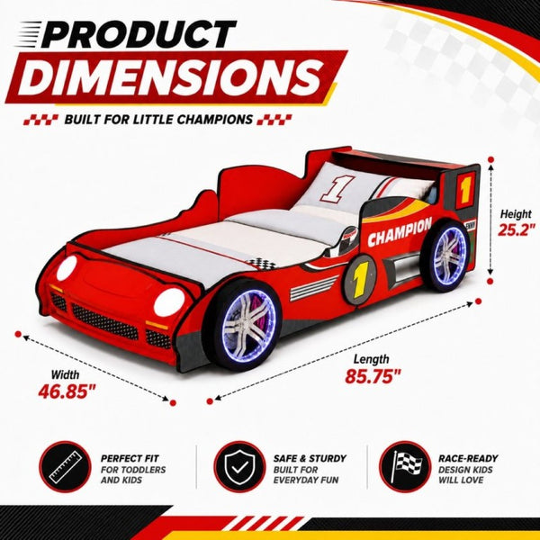 English Elm Kids Formula Racing Bed with LED Wheel Lights and Carbon Fiber Accents Twin Frame Red W2237S00025