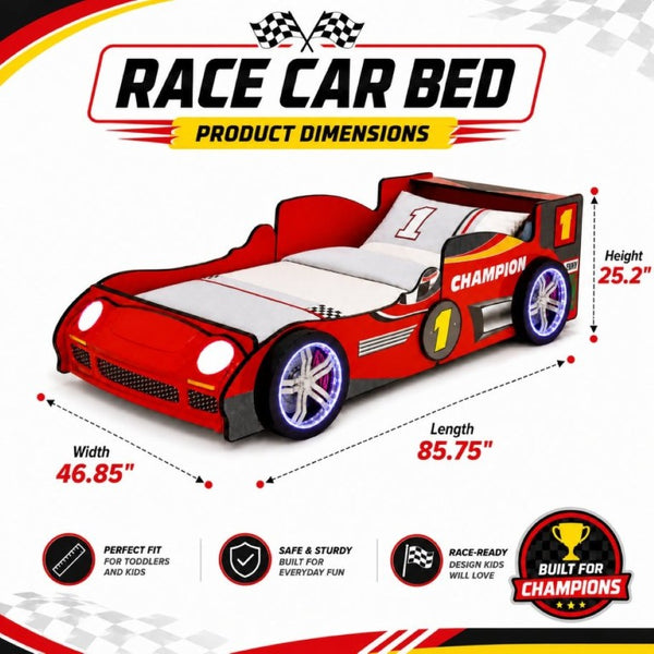 English Elm Kids Formula Racing Bed with LED Wheel Lights and Carbon Fiber Accents Twin Frame Red W2237S00025