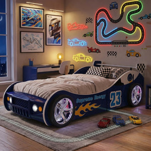 English Elm Supreme Energy Kids Racing Floor Bed with LED Lights and Built-In Guardrails Blue W2237S00027