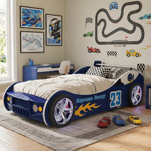 English Elm Supreme Energy Kids Racing Floor Bed with LED Lights and Built-In Guardrails Blue W2237S00027