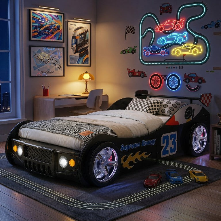 English Elm Cool Racing Kids Bed with LED Lights Cartoon Dog Design for Adventure Bedroom Black 86.4 L x 46.2 W x 27.2 H W2237S00028