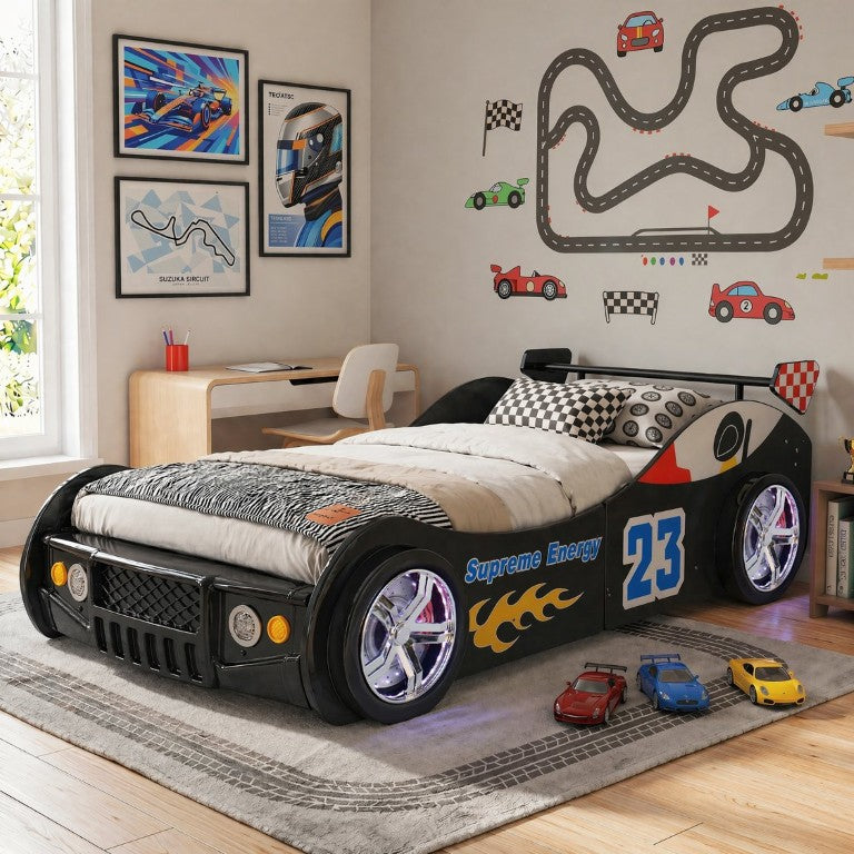 English Elm Cool Racing Kids Bed with LED Lights Cartoon Dog Design for Adventure Bedroom Black 86.4 L x 46.2 W x 27.2 H W2237S00028