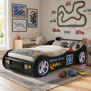 English Elm Cool Racing Kids Bed with LED Lights Cartoon Dog Design for Adventure Bedroom Black 86.4 L x 46.2 W x 27.2 H W2237S00028